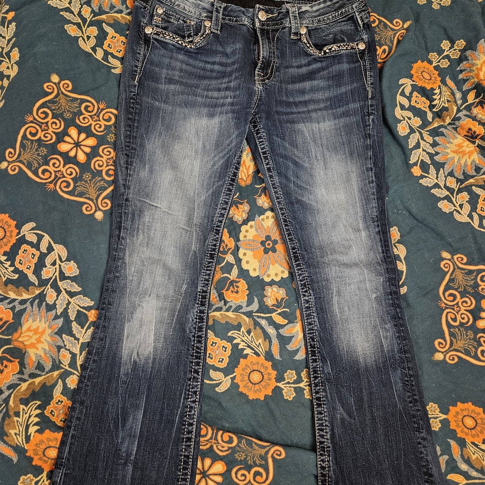 Dark Wash Flare Jeans with Embellished Pockets Miss Me